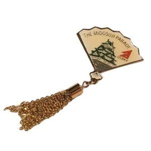 Signed Pinback Midosuji Parade Fan Japanese Osaka Gold Tone Tassles Enamel Vtg